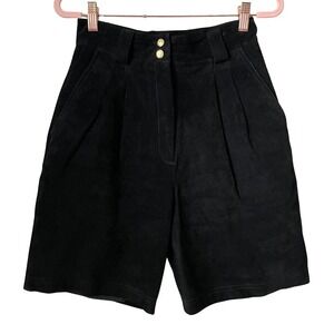 Vintage Erez Levy‎ Shorts Womens Size 8 Black Suede Leather Pleated High Waist